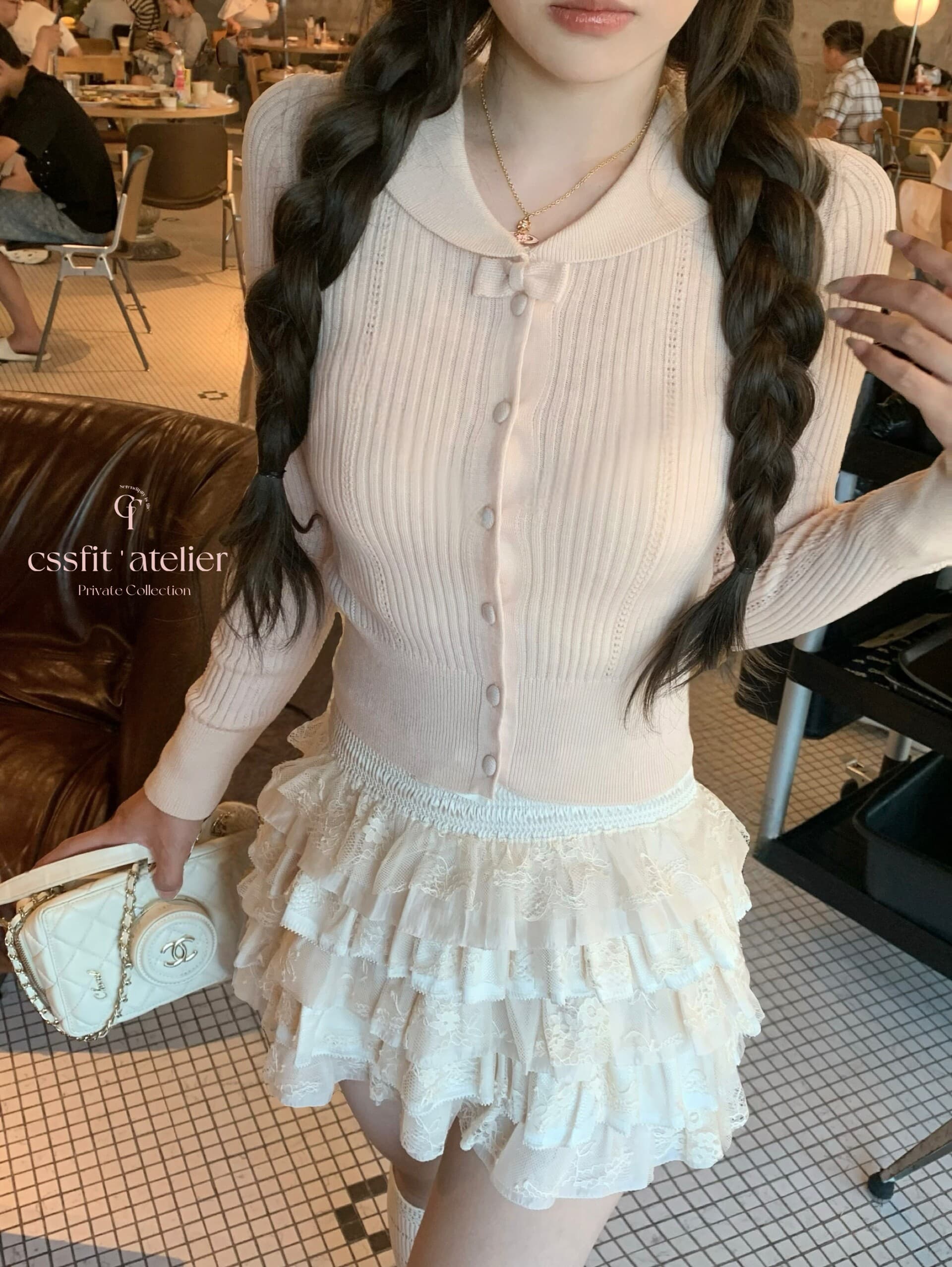 늦게 우산 우산 25 fw 绯 색상 전복 피터 팬 칼라 알몸의 분말 나비 매듭 폴로 칼라 양모 니트 오픈 가디건 니트 스웨터 상세 이미지 20