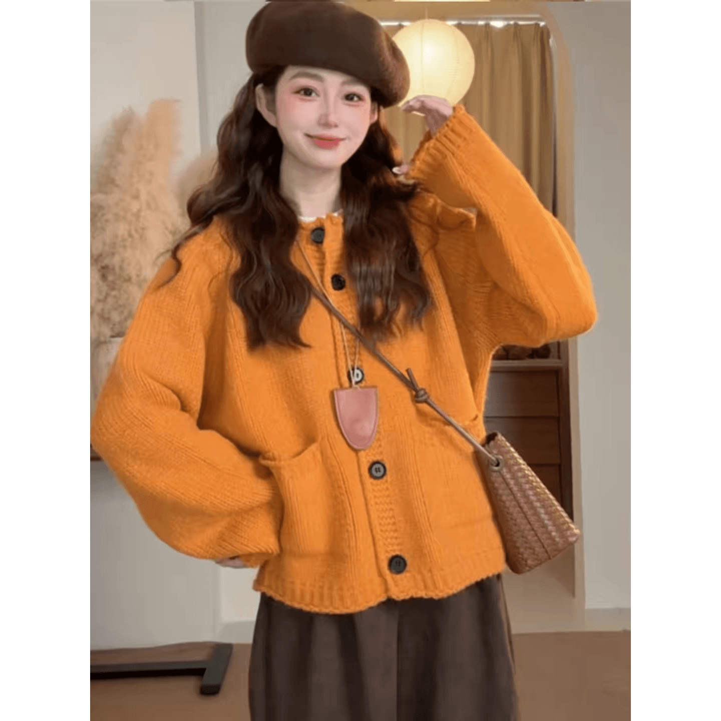 느긋한 바람 라운드 넥 싱글 줄 버튼 스웨터 여성 코트 가을 겨울 새로운 고급 와이드 부드러운 찹쌀 고급 센스 니트 오픈 가디건 이미지 2
