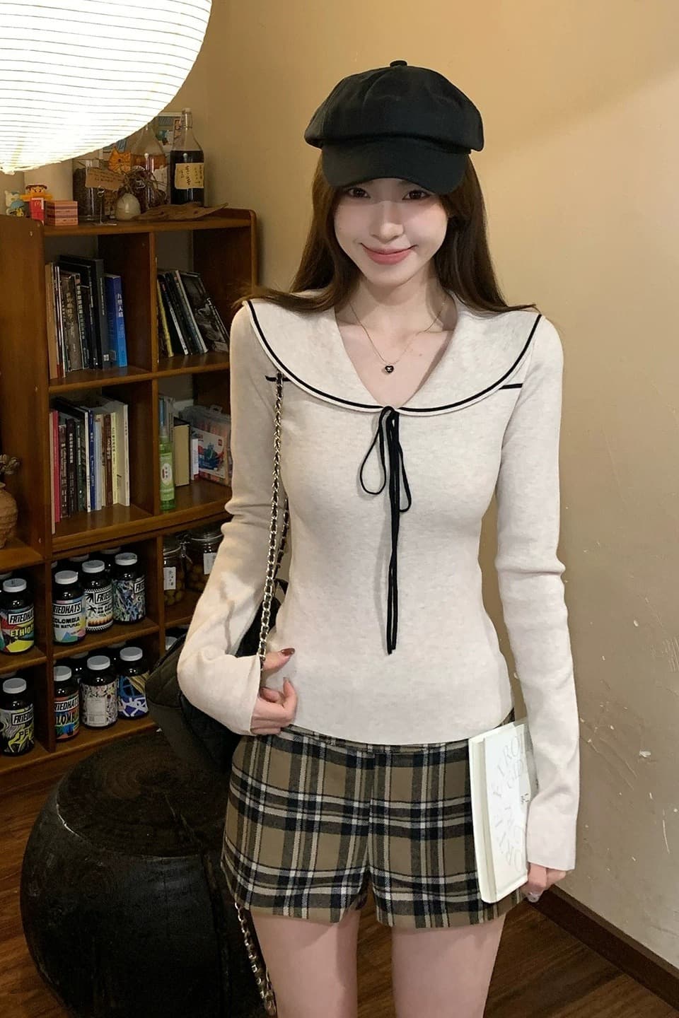 대 자매 the dover 익스트림 제인 해군 칼라 스웨터 긴팔 니트 스웨터 타이트 스커트 반신 스커트 가을 겨울철 새로운 이미지 7