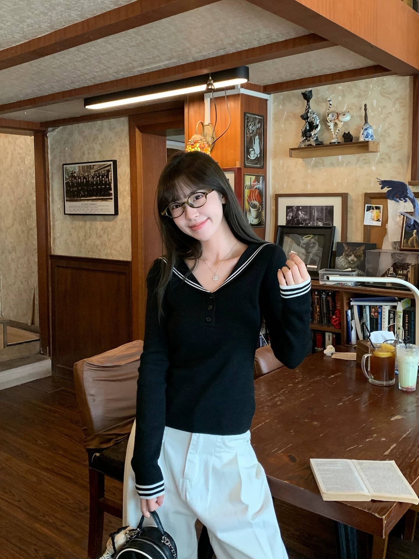 morning bloom 학원 스타일 해군 칼라 배색 긴팔 티셔츠 여성 의류 이른 가을 한 부서 부드러운 연령 감소 맨위 이미지 3