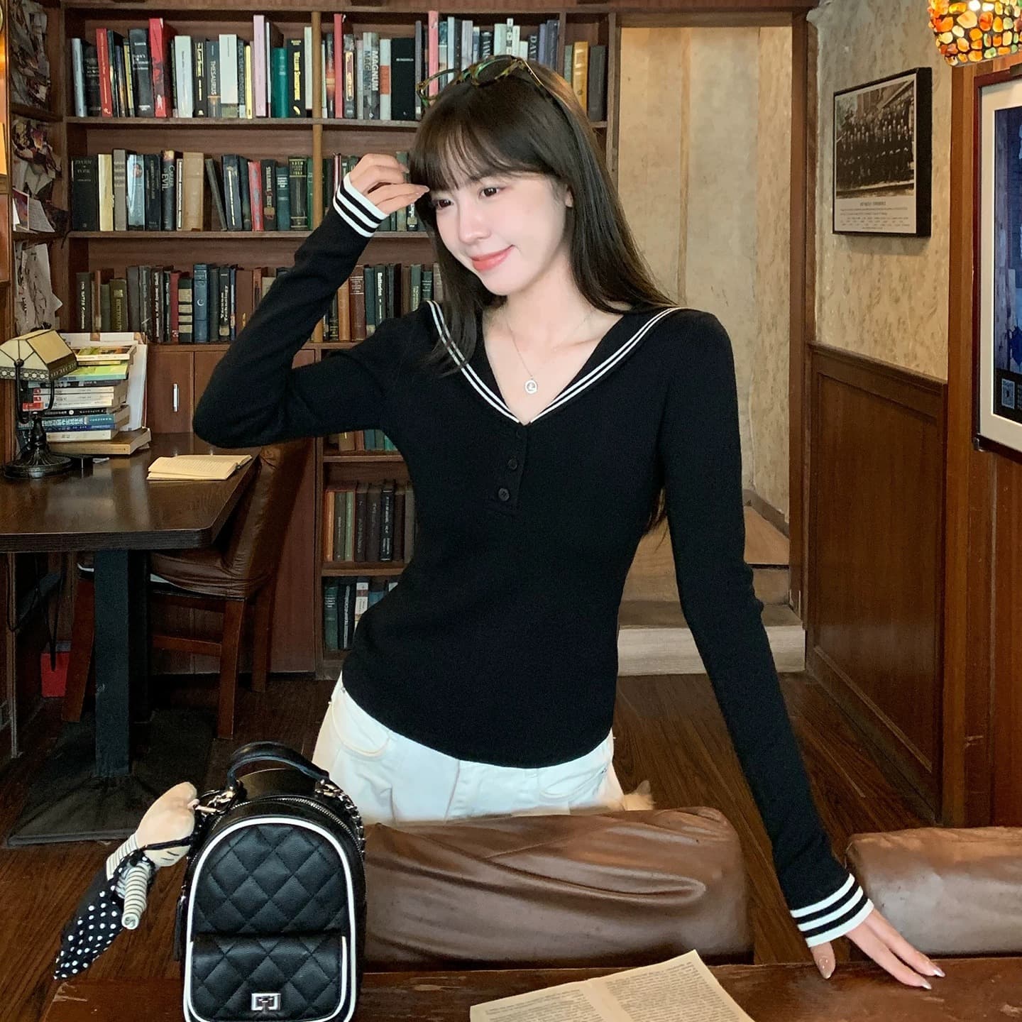 morning bloom 학원 스타일 해군 칼라 배색 긴팔 티셔츠 여성 의류 이른 가을 한 부서 부드러운 연령 감소 맨위 이미지 6