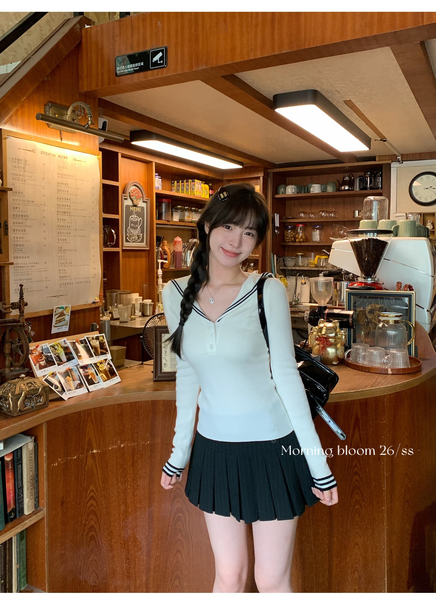 morning bloom 학원 스타일 해군 칼라 배색 긴팔 티셔츠 여성 의류 이른 가을 한 부서 부드러운 연령 감소 맨위 상세 이미지 5