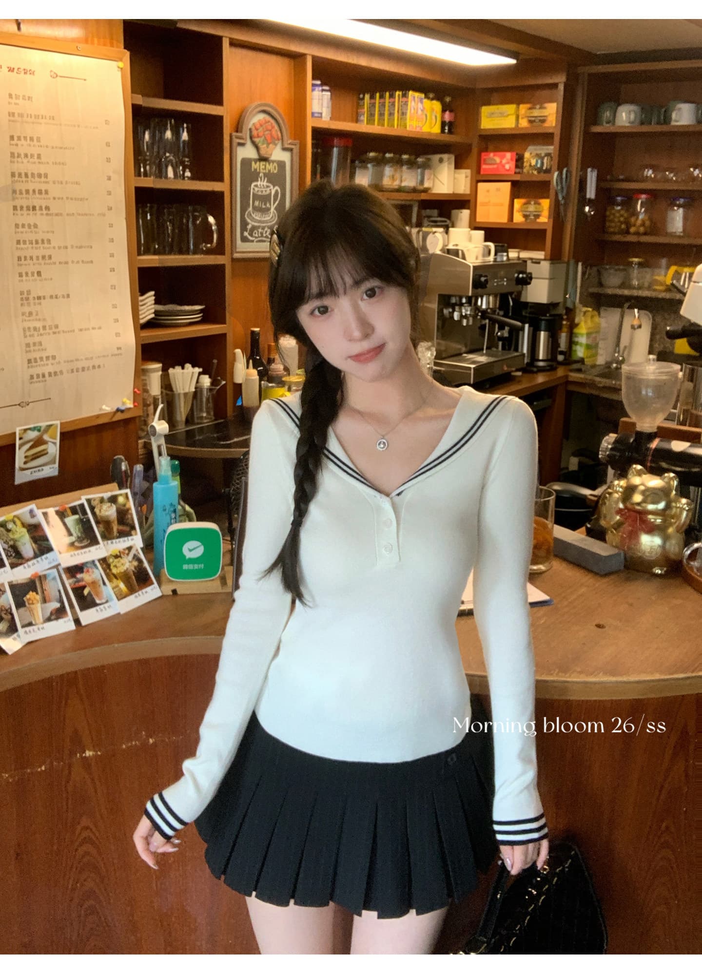 morning bloom 학원 스타일 해군 칼라 배색 긴팔 티셔츠 여성 의류 이른 가을 한 부서 부드러운 연령 감소 맨위 상세 이미지 9