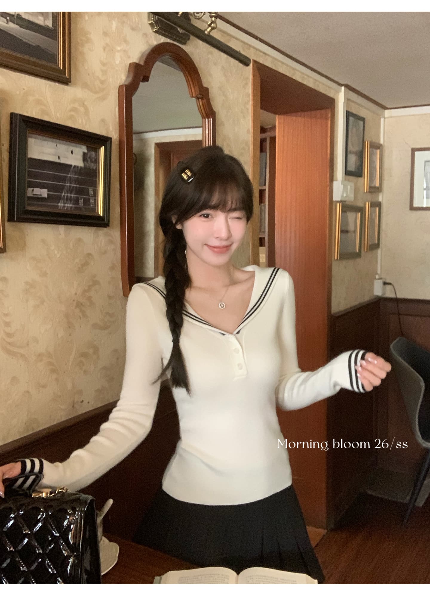morning bloom 학원 스타일 해군 칼라 배색 긴팔 티셔츠 여성 의류 이른 가을 한 부서 부드러운 연령 감소 맨위 상세 이미지 11