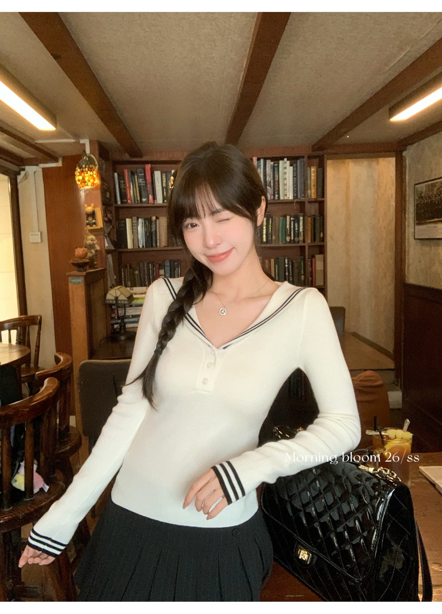 morning bloom 학원 스타일 해군 칼라 배색 긴팔 티셔츠 여성 의류 이른 가을 한 부서 부드러운 연령 감소 맨위 상세 이미지 13