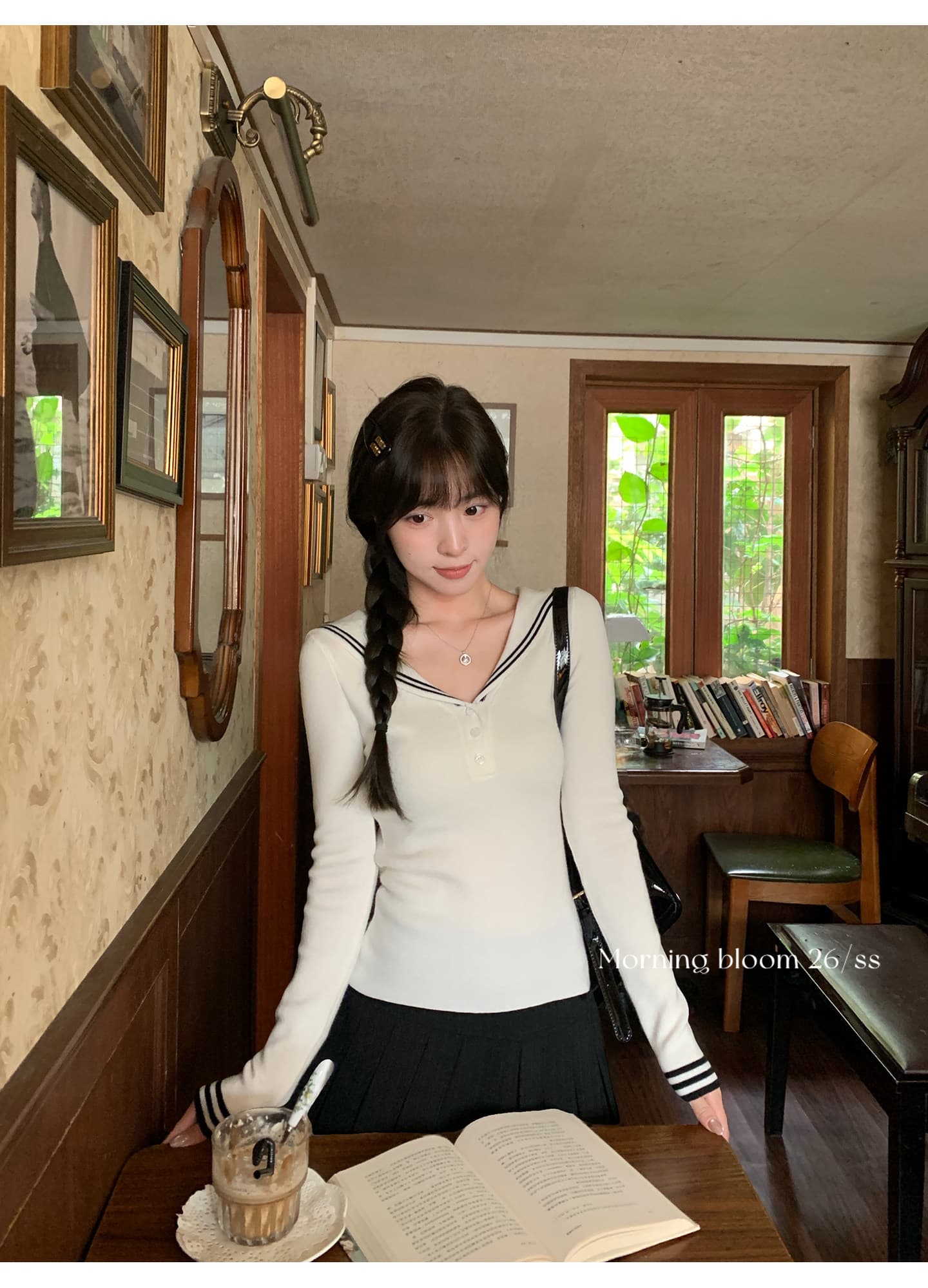 morning bloom 학원 스타일 해군 칼라 배색 긴팔 티셔츠 여성 의류 이른 가을 한 부서 부드러운 연령 감소 맨위 상세 이미지 14