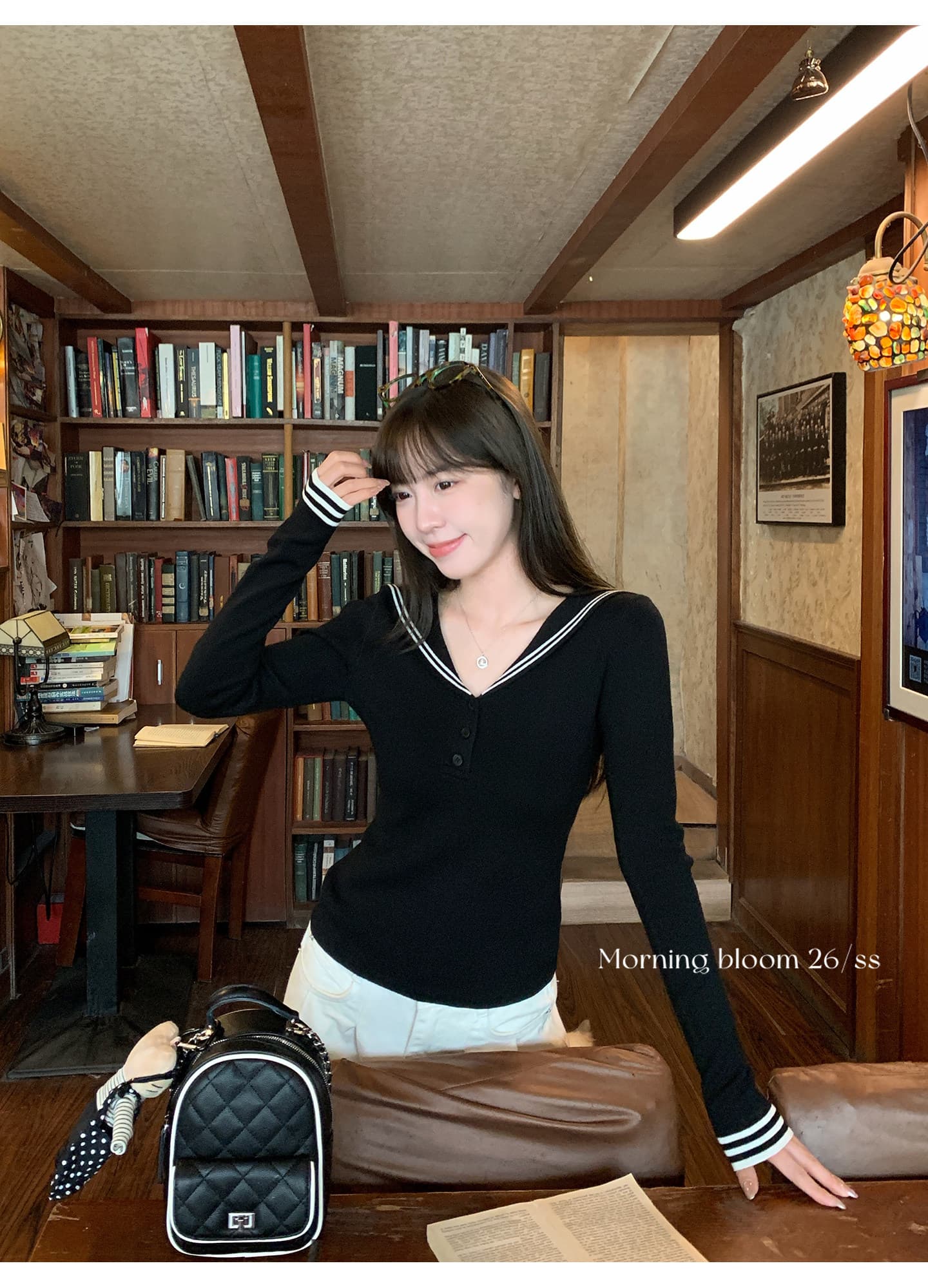 morning bloom 학원 스타일 해군 칼라 배색 긴팔 티셔츠 여성 의류 이른 가을 한 부서 부드러운 연령 감소 맨위 상세 이미지 15