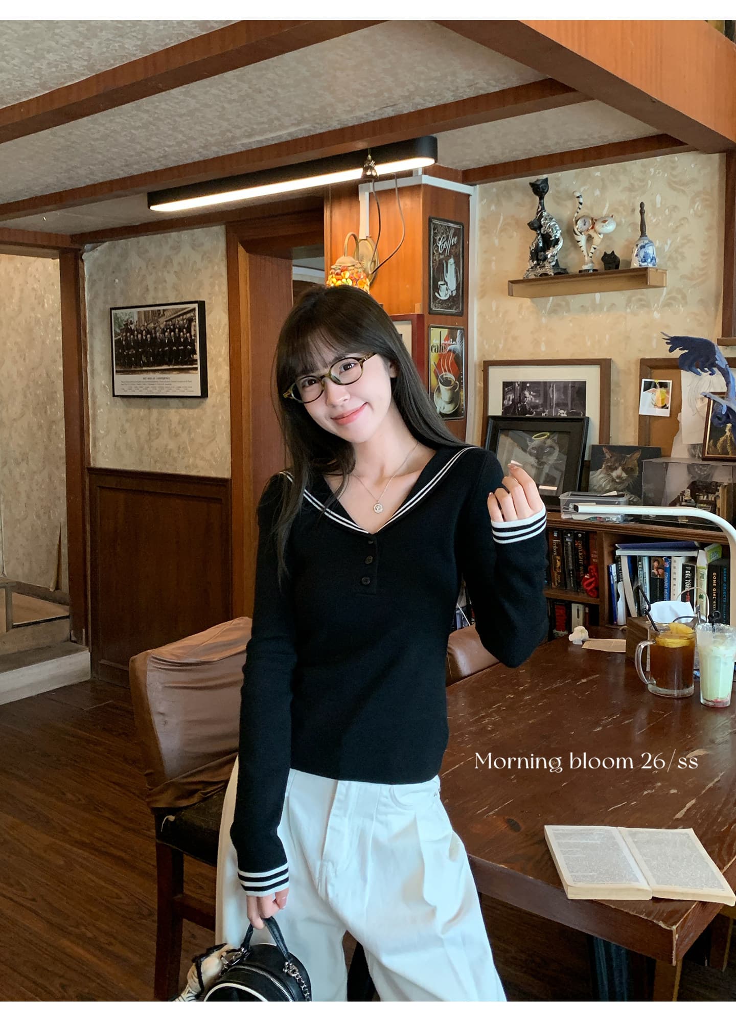morning bloom 학원 스타일 해군 칼라 배색 긴팔 티셔츠 여성 의류 이른 가을 한 부서 부드러운 연령 감소 맨위 상세 이미지 16