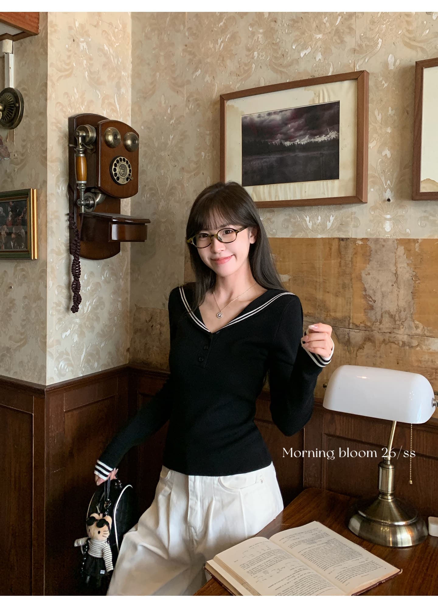 morning bloom 학원 스타일 해군 칼라 배색 긴팔 티셔츠 여성 의류 이른 가을 한 부서 부드러운 연령 감소 맨위 상세 이미지 18