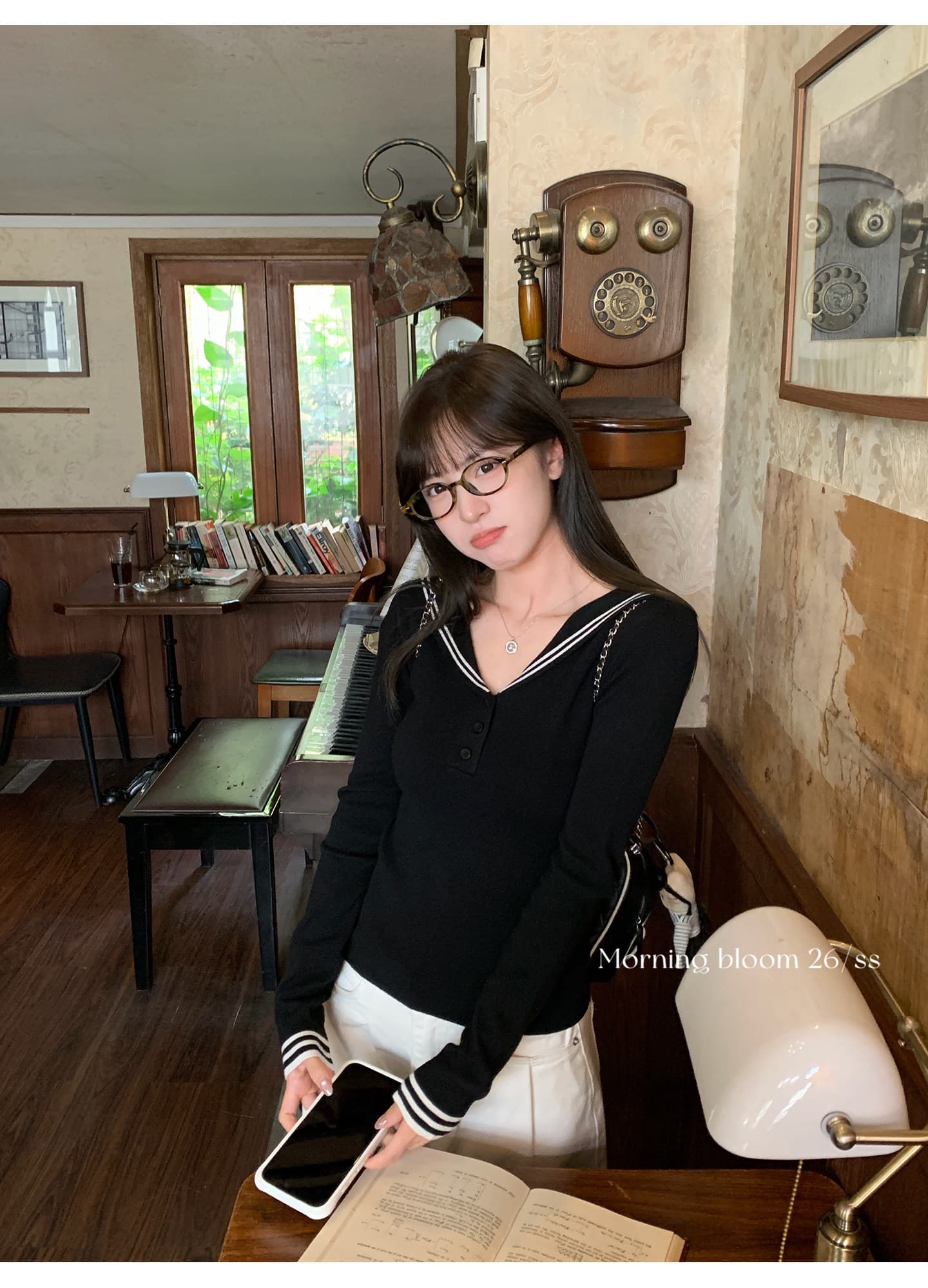 morning bloom 학원 스타일 해군 칼라 배색 긴팔 티셔츠 여성 의류 이른 가을 한 부서 부드러운 연령 감소 맨위 상세 이미지 19
