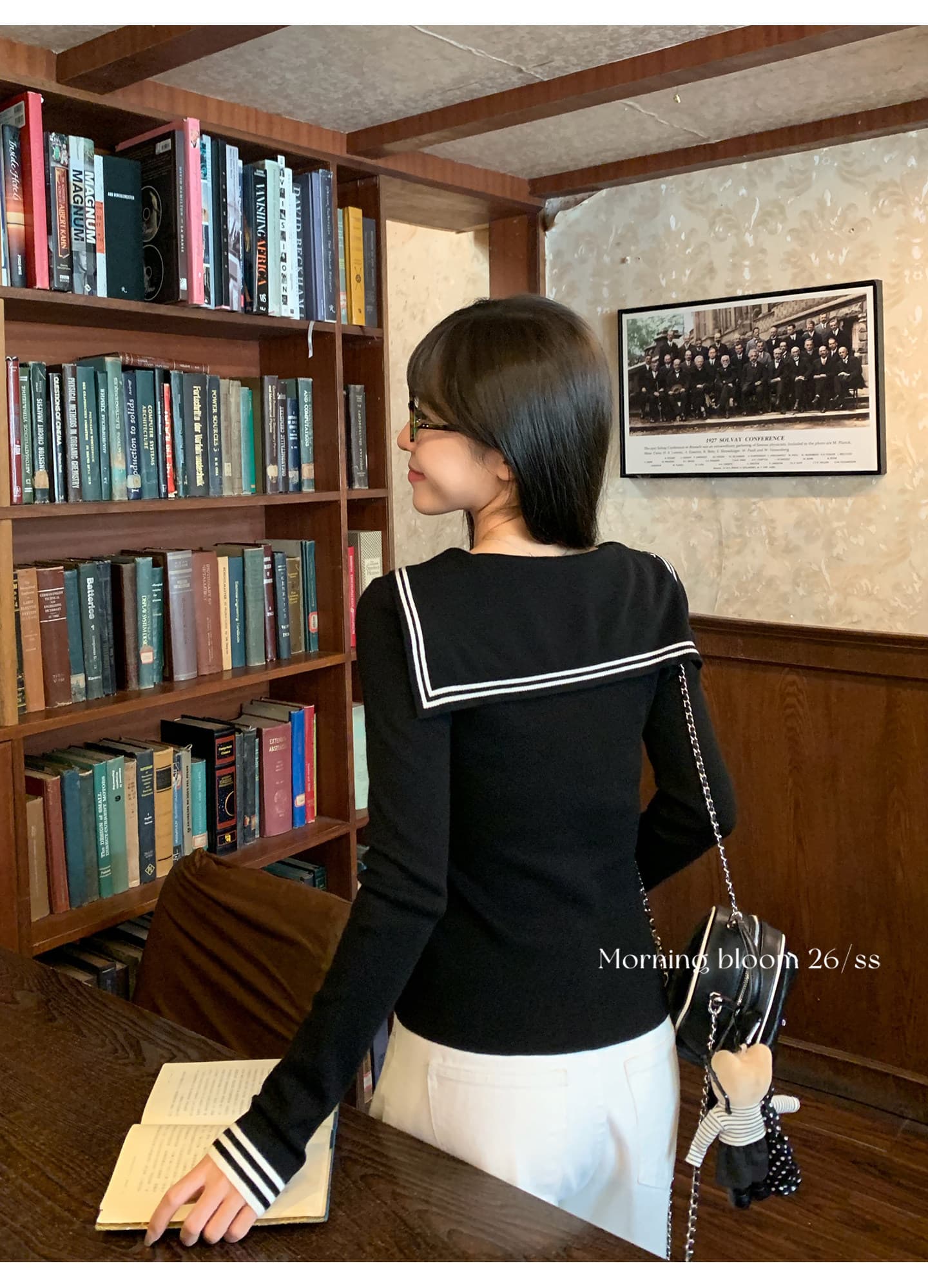 morning bloom 학원 스타일 해군 칼라 배색 긴팔 티셔츠 여성 의류 이른 가을 한 부서 부드러운 연령 감소 맨위 상세 이미지 20