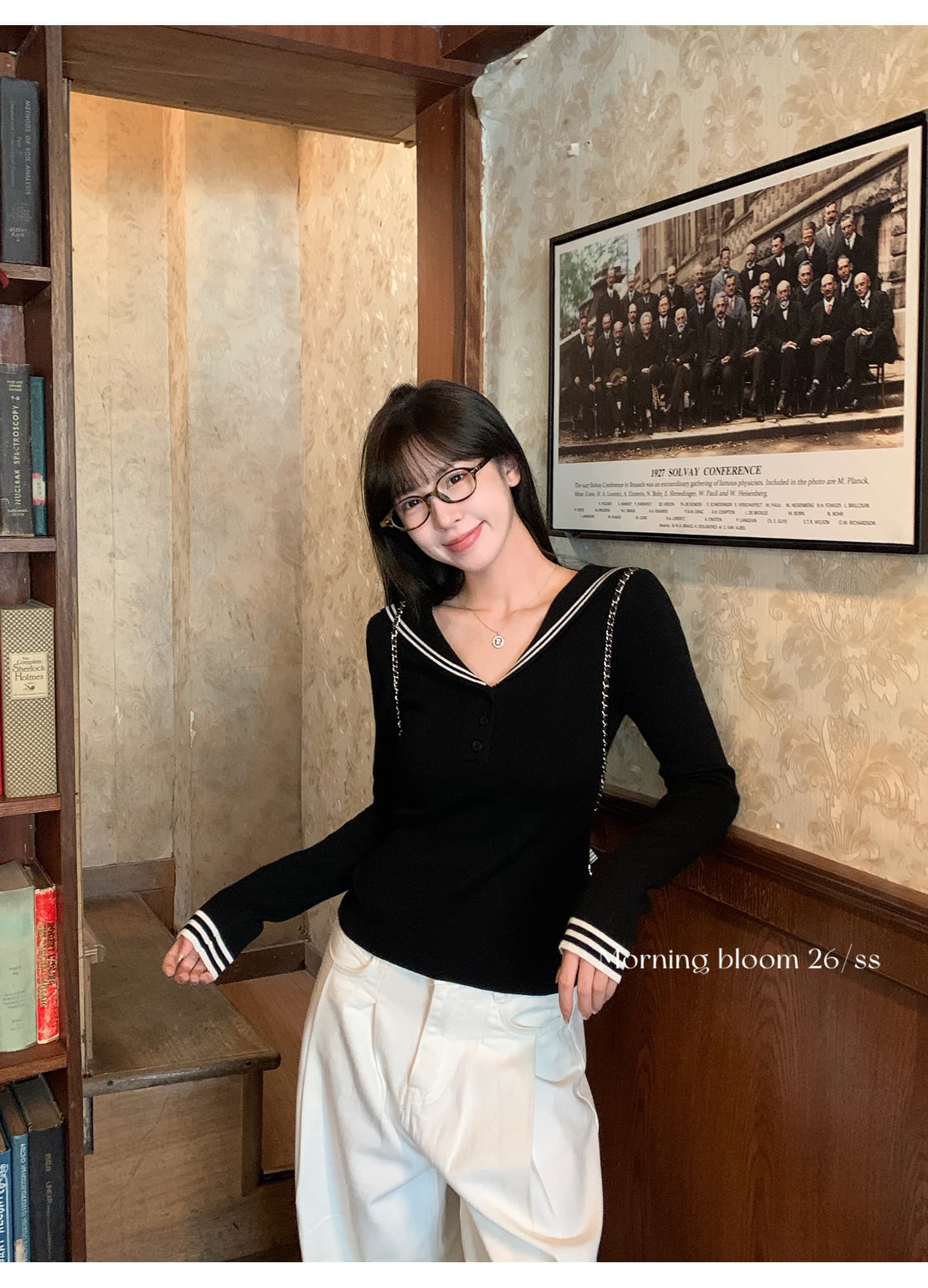 morning bloom 학원 스타일 해군 칼라 배색 긴팔 티셔츠 여성 의류 이른 가을 한 부서 부드러운 연령 감소 맨위 상세 이미지 21