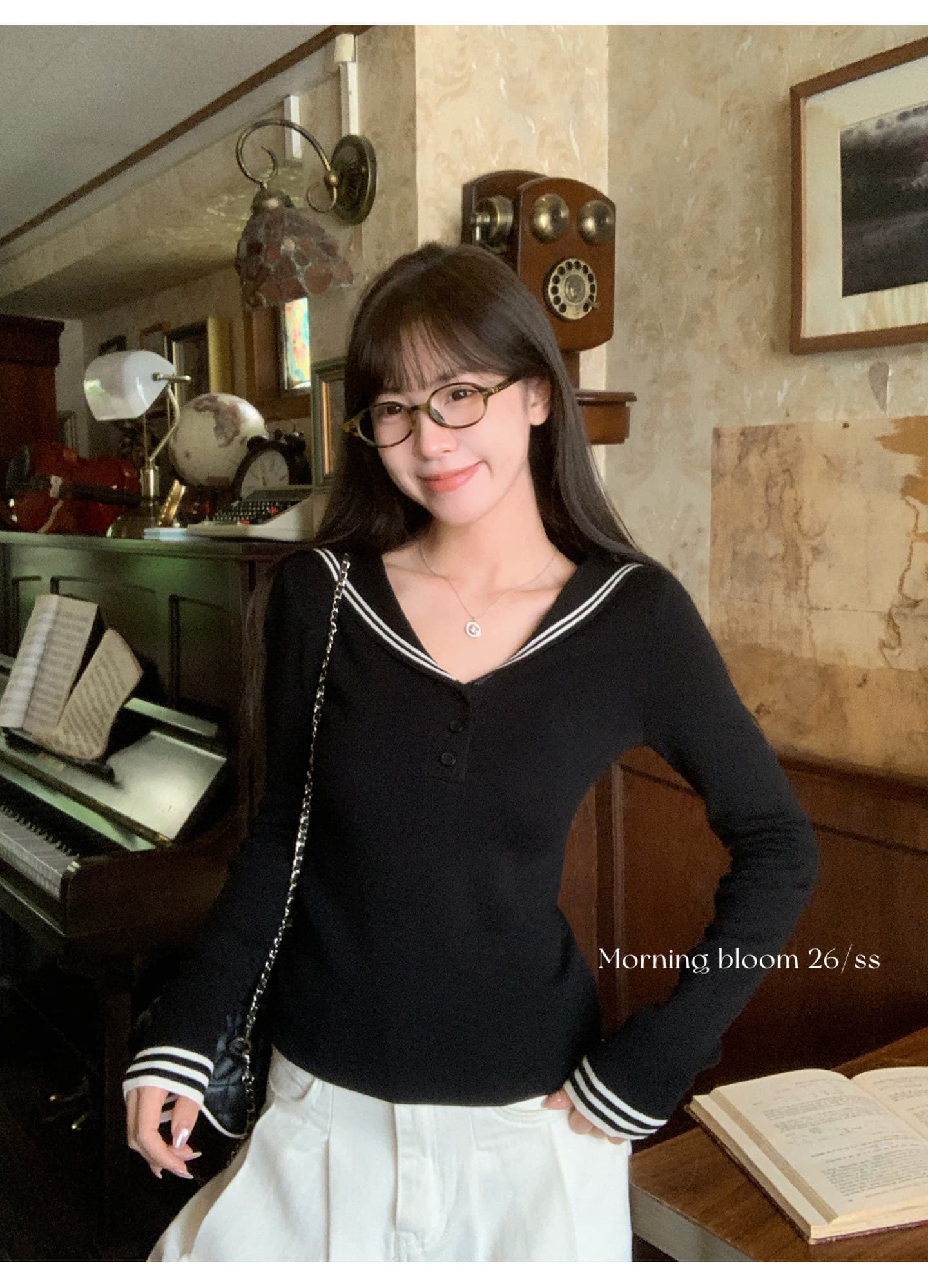 morning bloom 학원 스타일 해군 칼라 배색 긴팔 티셔츠 여성 의류 이른 가을 한 부서 부드러운 연령 감소 맨위 상세 이미지 24