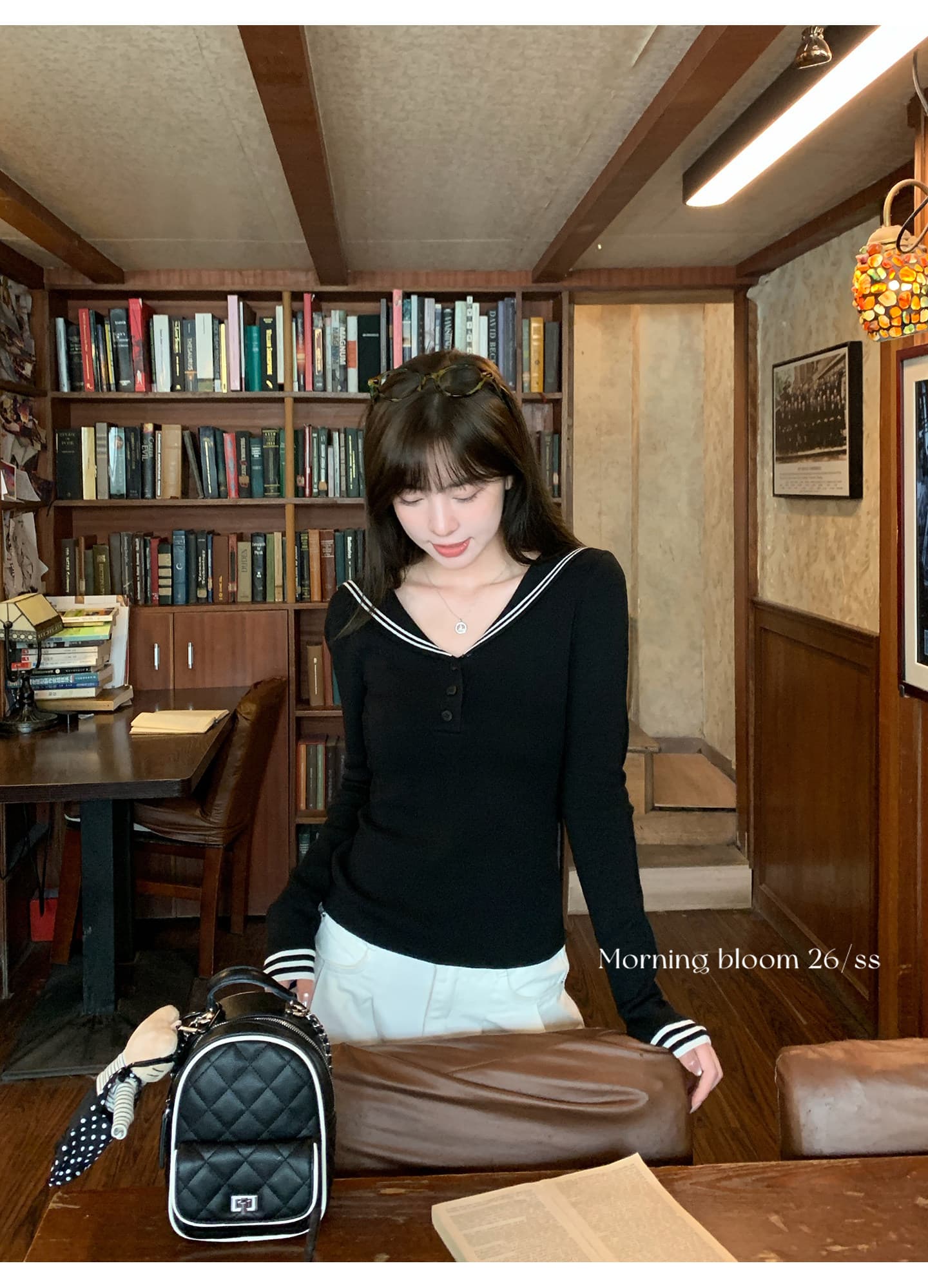 morning bloom 학원 스타일 해군 칼라 배색 긴팔 티셔츠 여성 의류 이른 가을 한 부서 부드러운 연령 감소 맨위 상세 이미지 25