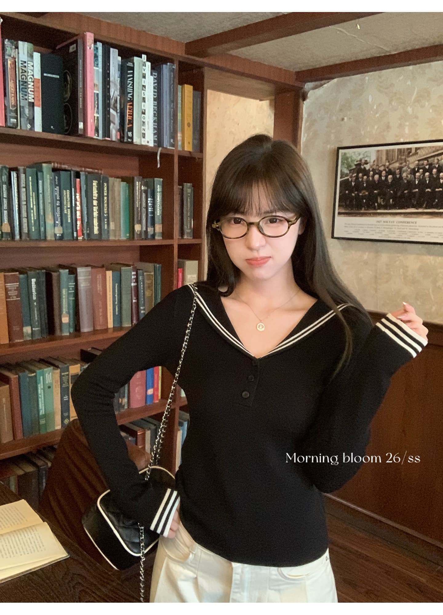 morning bloom 학원 스타일 해군 칼라 배색 긴팔 티셔츠 여성 의류 이른 가을 한 부서 부드러운 연령 감소 맨위 상세 이미지 26