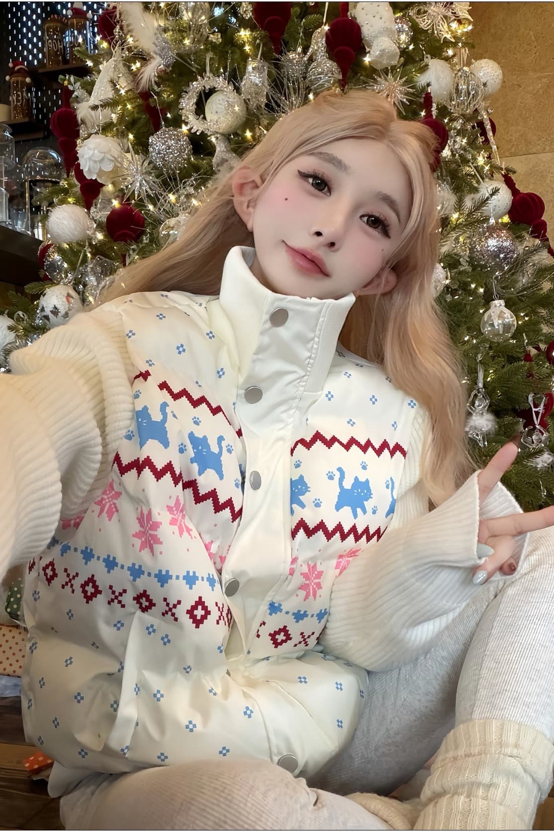 달콤한 차가운 공정한 섬 패치워크 니트 스탠드 칼라 면 의류 여성 겨울 한 부서 솜을 넣은 보온 두꺼운 슬림해 보이는 면 옷 재킷 이미지 7