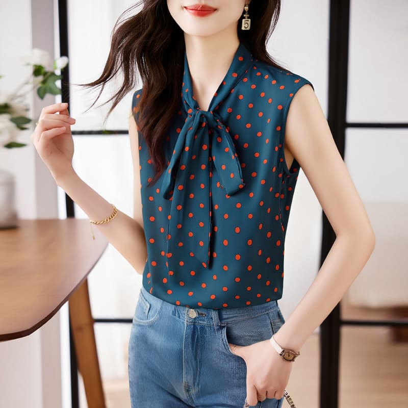 실사 외국 가스 어깨 조끼 여성 여름 외출용 민소매 레이스업 나비 매듭 도트 무늬 쉬폰 기본 셔츠 인사이드 잡아라. 의류 이미지 2