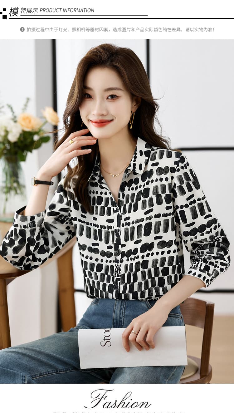 실사 빅 사이즈 루즈핏 캐주얼 꽃무늬 가을 새로운 여성 의류 폴로 칼라 쉬폰 톱 오픈 가디건 셔츠 만나는 상세 이미지 10