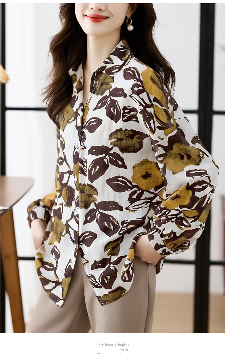 실사 빅 사이즈 루즈핏 캐주얼 꽃무늬 가을 새로운 여성 의류 폴로 칼라 쉬폰 톱 오픈 가디건 셔츠 만나는 셔츠 상세 이미지 14