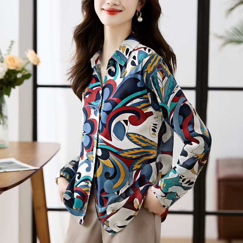 실사 빅 사이즈 루즈핏 캐주얼 꽃무늬 가을 새로운 여성 의류 폴로 칼라 쉬폰 톱 오픈 가디건 셔츠 만나는 셔츠 이미지 3
