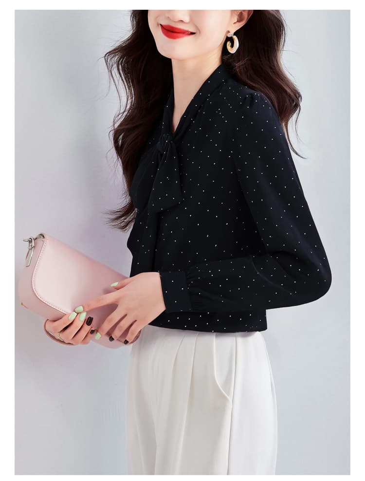 실사 캐주얼 전체 훈련 가을 여성 의류 레이스업 나비 매듭 쉬폰 톱 오픈 가디건 셔츠 셔츠 상세 이미지 17