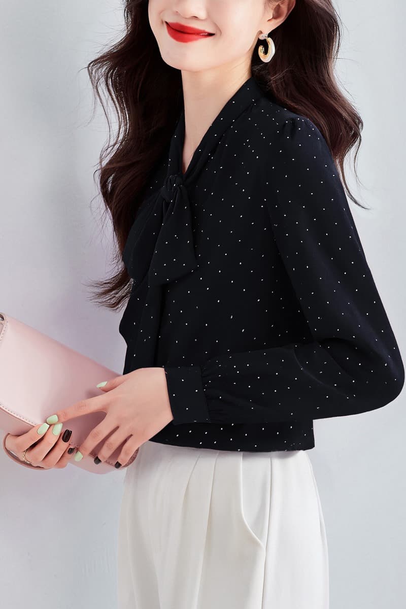 실사 캐주얼 전체 훈련 가을 여성 의류 레이스업 나비 매듭 쉬폰 톱 오픈 가디건 셔츠 셔츠 이미지 6