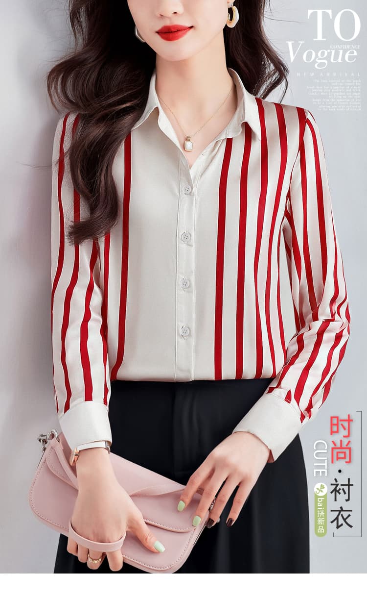실사 새틴 시뮬레이션 실크 외국 가스 가을 새로운 여성 의류 폴로 칼라 스트라이프 쉬폰 블라우스 맨위 오픈 가디건 셔츠 셔츠 상세 이미지 1