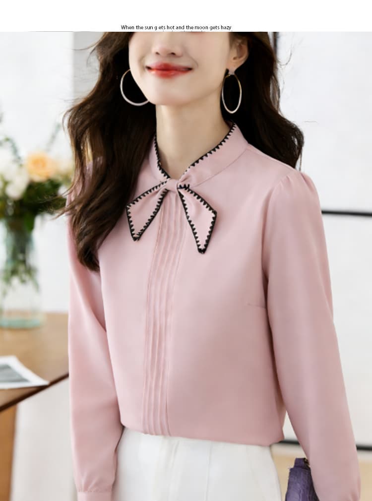 실사 봄 가을 새로운 여성 의류 작은 셔츠 나비 매듭 몸매 가꾸기 빅 레드 쉬폰 블라우스 맨위 셔츠 긴팔 기본 셔츠 상세 이미지 11