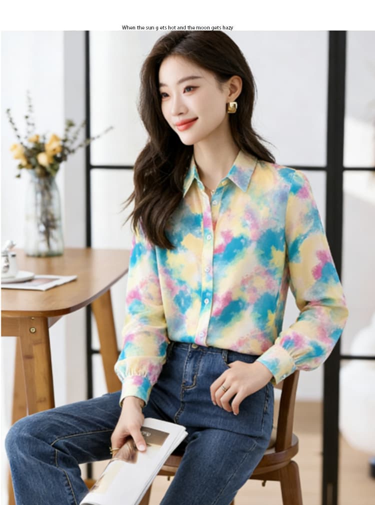 실사 외국 가스 가을 새로운 여성 의류 폴로 칼라 색상 낙서 쉬폰 블라우스 맨위 오픈 가디건 셔츠 기본 셔츠 셔츠 상세 이미지 6