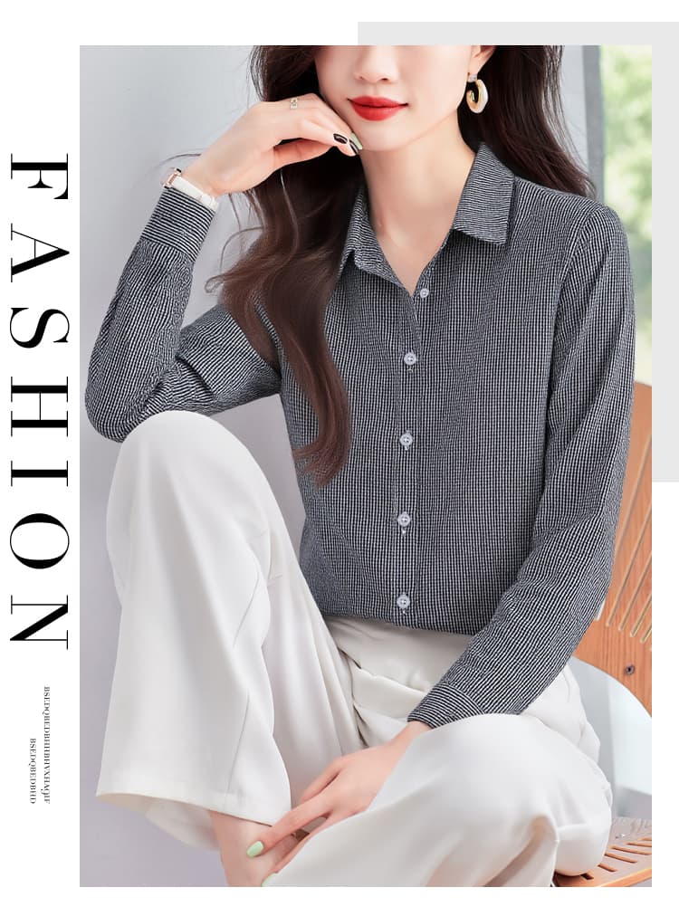 실사 외국 가스 가을 새로운 여성 의류 폴로 칼라 하운드투스 체크 쉬폰 블라우스 맨위 오픈 가디건 셔츠 기본 셔츠 셔츠 상세 이미지 3