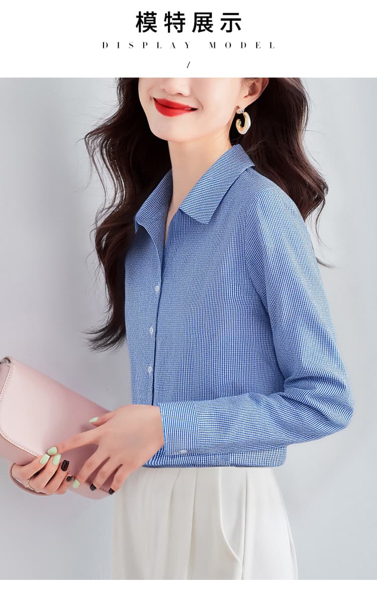 실사 외국 가스 가을 새로운 여성 의류 폴로 칼라 하운드투스 체크 쉬폰 블라우스 맨위 오픈 가디건 셔츠 기본 셔츠 셔츠 상세 이미지 11