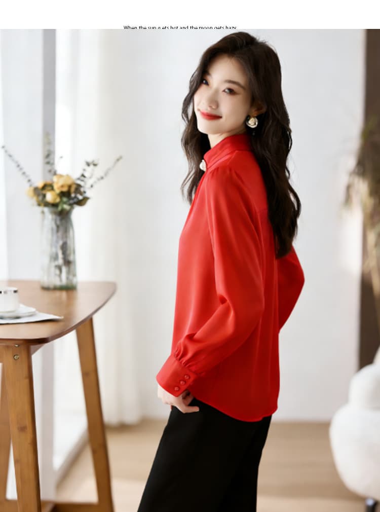 실사 봄과 가을 옷 여성 의류 시뮬레이션 실크 새틴 풀오버 쉬폰 블라우스 맨위 여성 셔츠 작은 셔츠 여성 기본 셔츠 상세 이미지 6