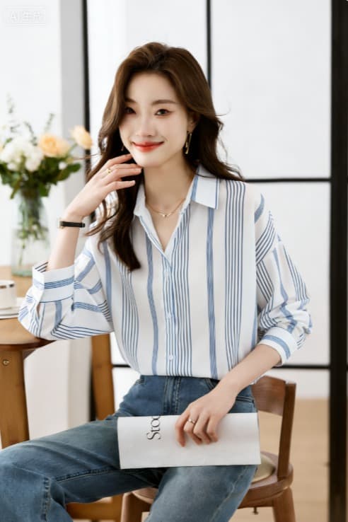 실사 외국 가스 봄 가을 새로운 여성 의류 폴로 칼라 스트라이프 쉬폰 블라우스 맨위 오픈 가디건 셔츠 기본 셔츠 셔츠 이미지 6