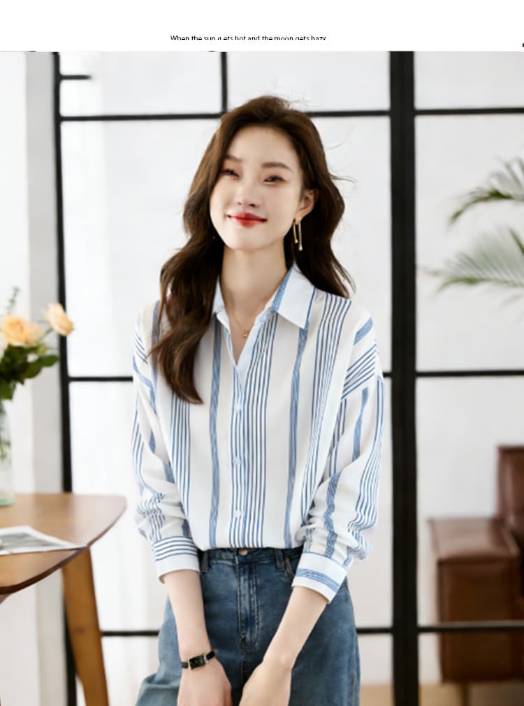 실사 외국 가스 봄 가을 새로운 여성 의류 폴로 칼라 스트라이프 쉬폰 블라우스 맨위 오픈 가디건 셔츠 기본 셔츠 셔츠 상세 이미지 6
