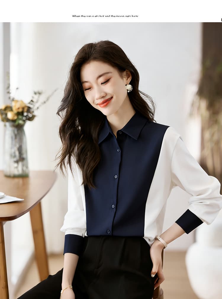 실사 외국 가스 캐주얼 가을 새로운 여성 의류 폴로 칼라 패치워크 쉬폰 블라우스 맨위 오픈 가디건 셔츠 기본 셔츠 셔츠 상세 이미지 5