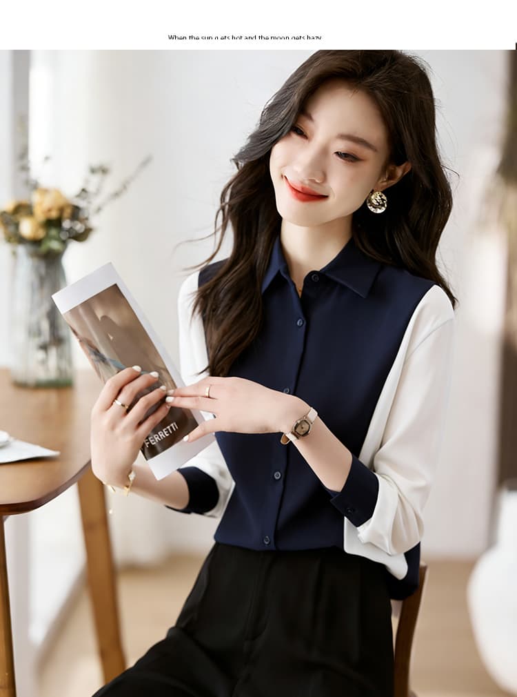 실사 외국 가스 캐주얼 가을 새로운 여성 의류 폴로 칼라 패치워크 쉬폰 블라우스 맨위 오픈 가디건 셔츠 기본 셔츠 셔츠 상세 이미지 7