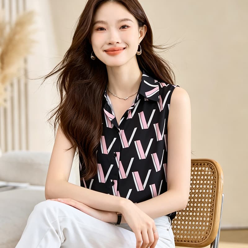 실사 외국 가스 프린트 여름 어깨 조끼 여성 외출용 셔츠 민소매 쉬폰 인사이드 잡아라. 의류 기본 셔츠 이미지 2