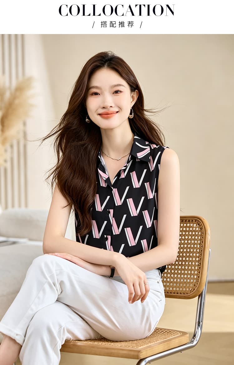 실사 외국 가스 프린트 여름 어깨 조끼 여성 외출용 셔츠 민소매 쉬폰 인사이드 잡아라. 의류 기본 셔츠 상세 이미지 6