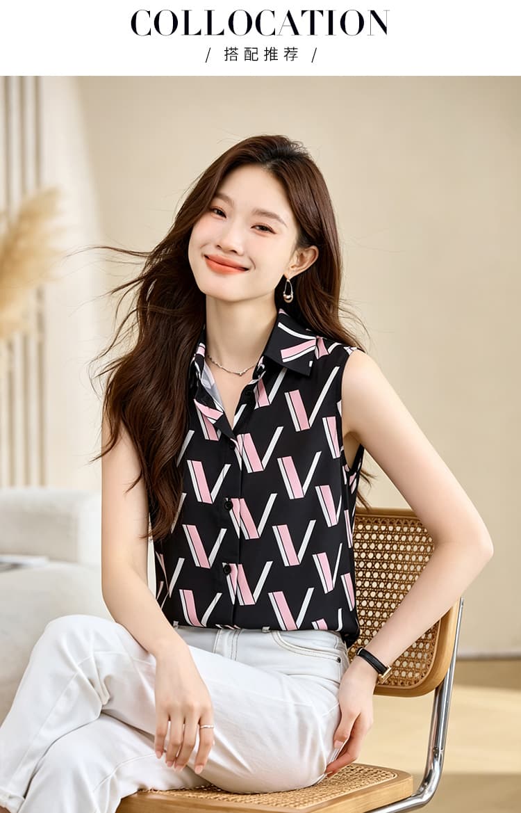 실사 외국 가스 프린트 여름 어깨 조끼 여성 외출용 셔츠 민소매 쉬폰 인사이드 잡아라. 의류 기본 셔츠 상세 이미지 7