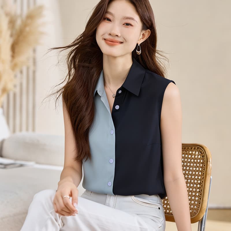 실사 외국 가스 패치워크 여름 어깨 조끼 여성 외출용 셔츠 민소매 쉬폰 인사이드 잡아라. 의류 기본 셔츠 이미지 2
