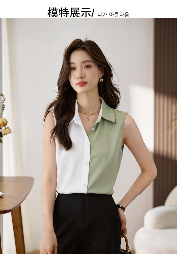 실사 외국 가스 패치워크 여름 어깨 조끼 여성 외출용 셔츠 민소매 쉬폰 인사이드 잡아라. 의류 기본 셔츠 상세 이미지 1
