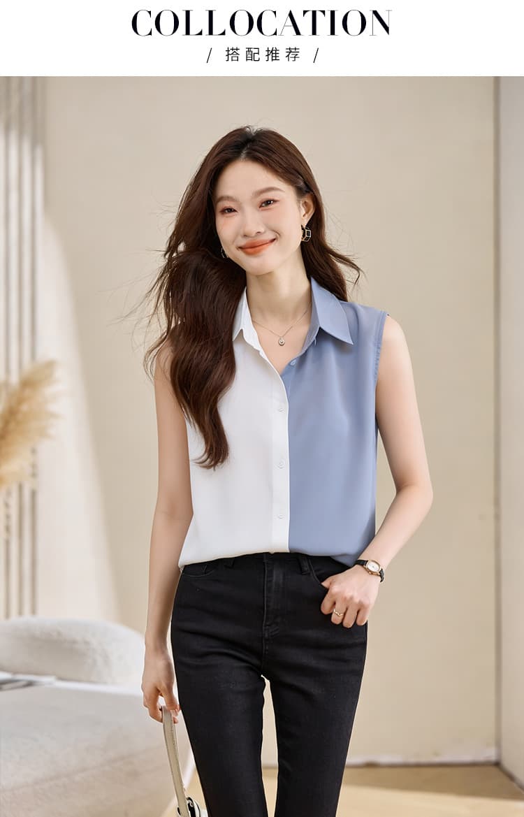 실사 외국 가스 패치워크 여름 어깨 조끼 여성 외출용 셔츠 민소매 쉬폰 인사이드 잡아라. 의류 기본 셔츠 상세 이미지 8