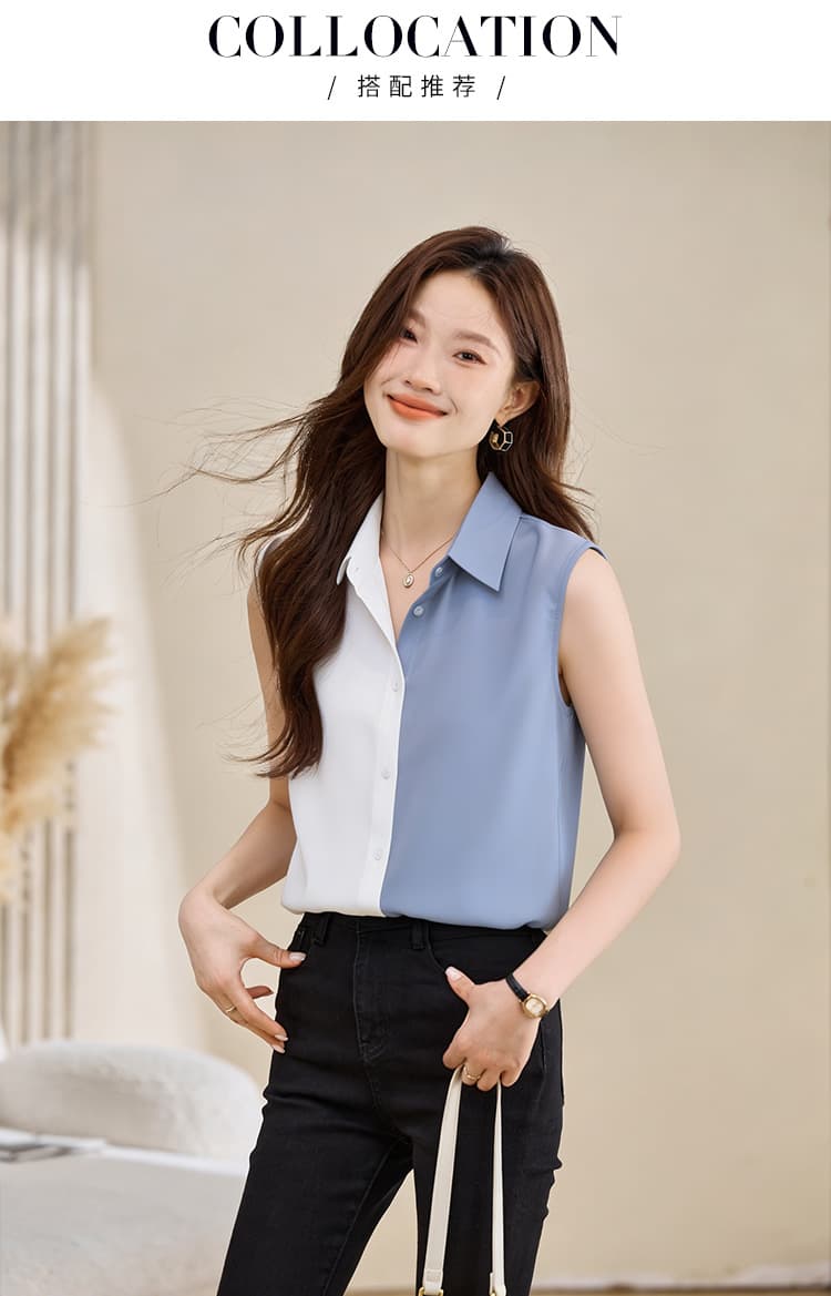 실사 외국 가스 패치워크 여름 어깨 조끼 여성 외출용 셔츠 민소매 쉬폰 인사이드 잡아라. 의류 기본 셔츠 상세 이미지 10