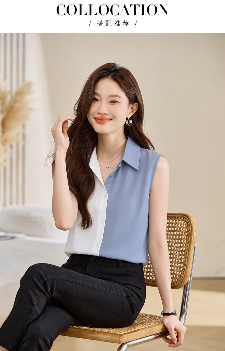 실사 외국 가스 패치워크 여름 어깨 조끼 여성 외출용 셔츠 민소매 쉬폰 인사이드 잡아라. 의류 기본 셔츠 상세 이미지 11