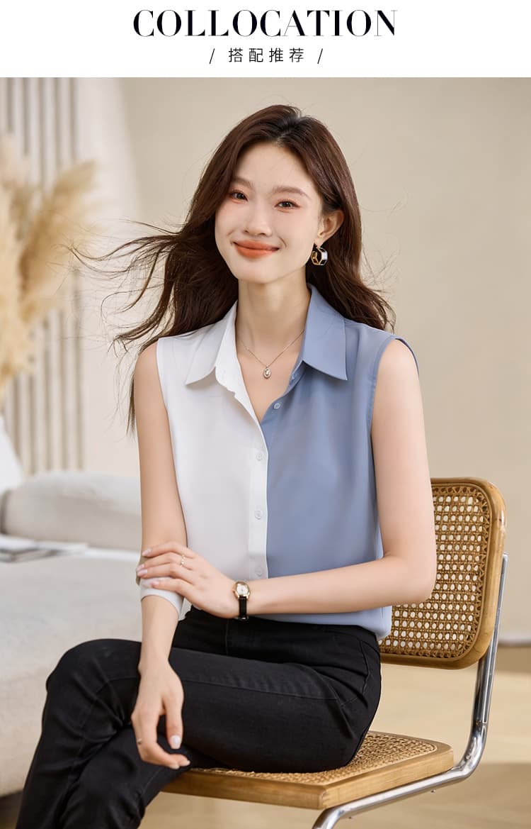 실사 외국 가스 패치워크 여름 어깨 조끼 여성 외출용 셔츠 민소매 쉬폰 인사이드 잡아라. 의류 기본 셔츠 상세 이미지 12