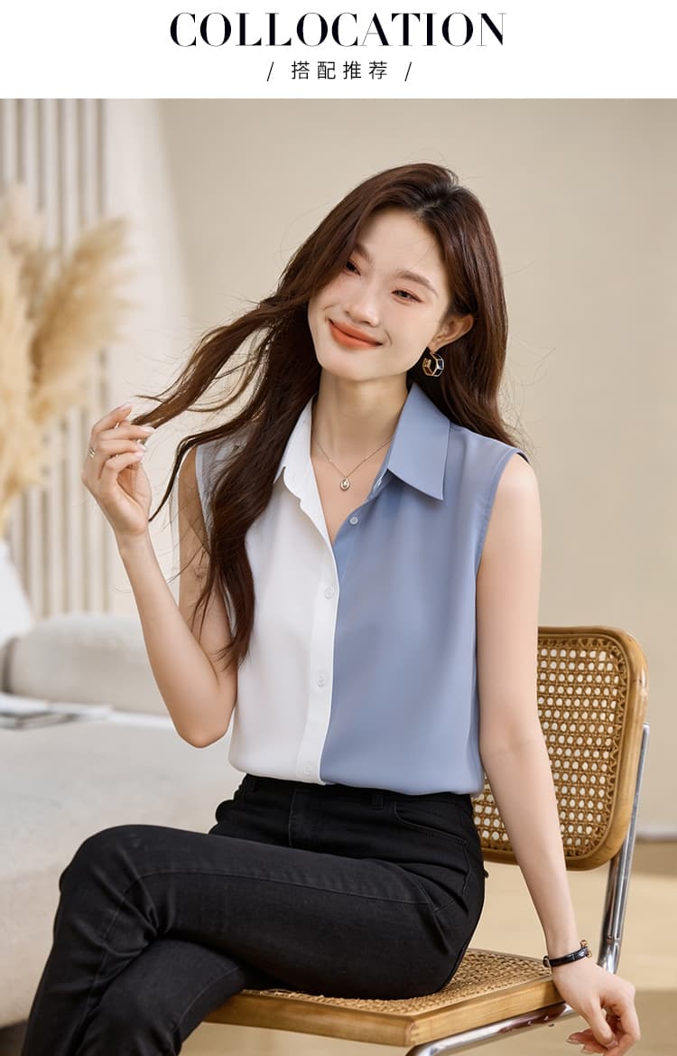 실사 외국 가스 패치워크 여름 어깨 조끼 여성 외출용 셔츠 민소매 쉬폰 인사이드 잡아라. 의류 기본 셔츠 상세 이미지 13