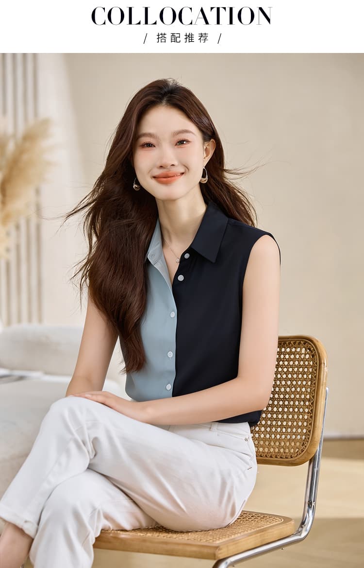 실사 외국 가스 패치워크 여름 어깨 조끼 여성 외출용 셔츠 민소매 쉬폰 인사이드 잡아라. 의류 기본 셔츠 상세 이미지 14