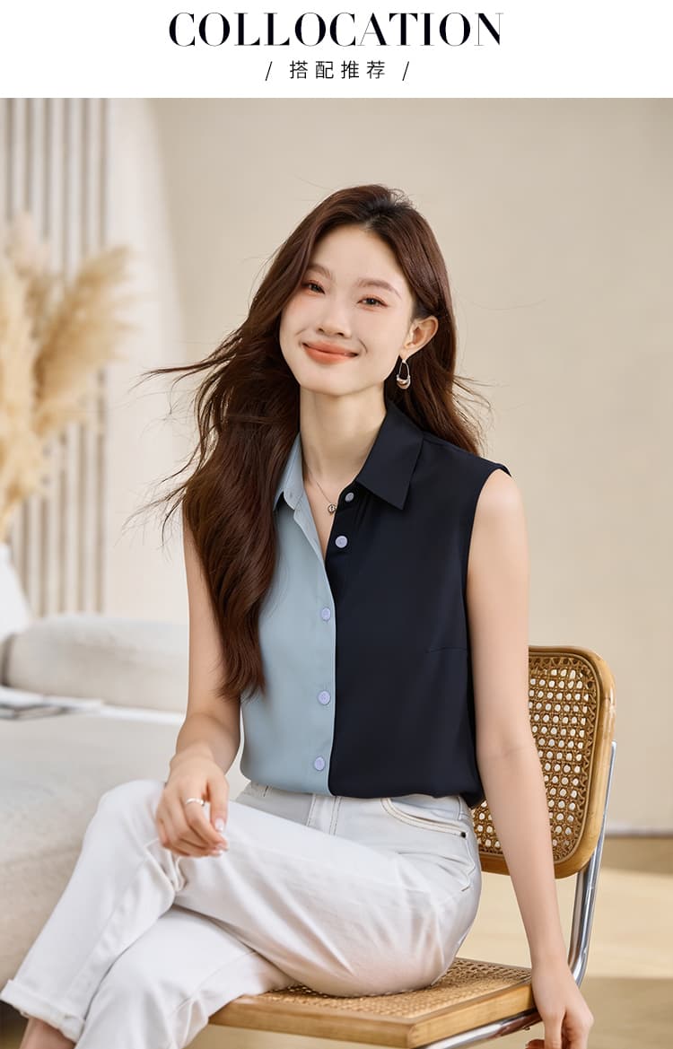 실사 외국 가스 패치워크 여름 어깨 조끼 여성 외출용 셔츠 민소매 쉬폰 인사이드 잡아라. 의류 기본 셔츠 상세 이미지 15