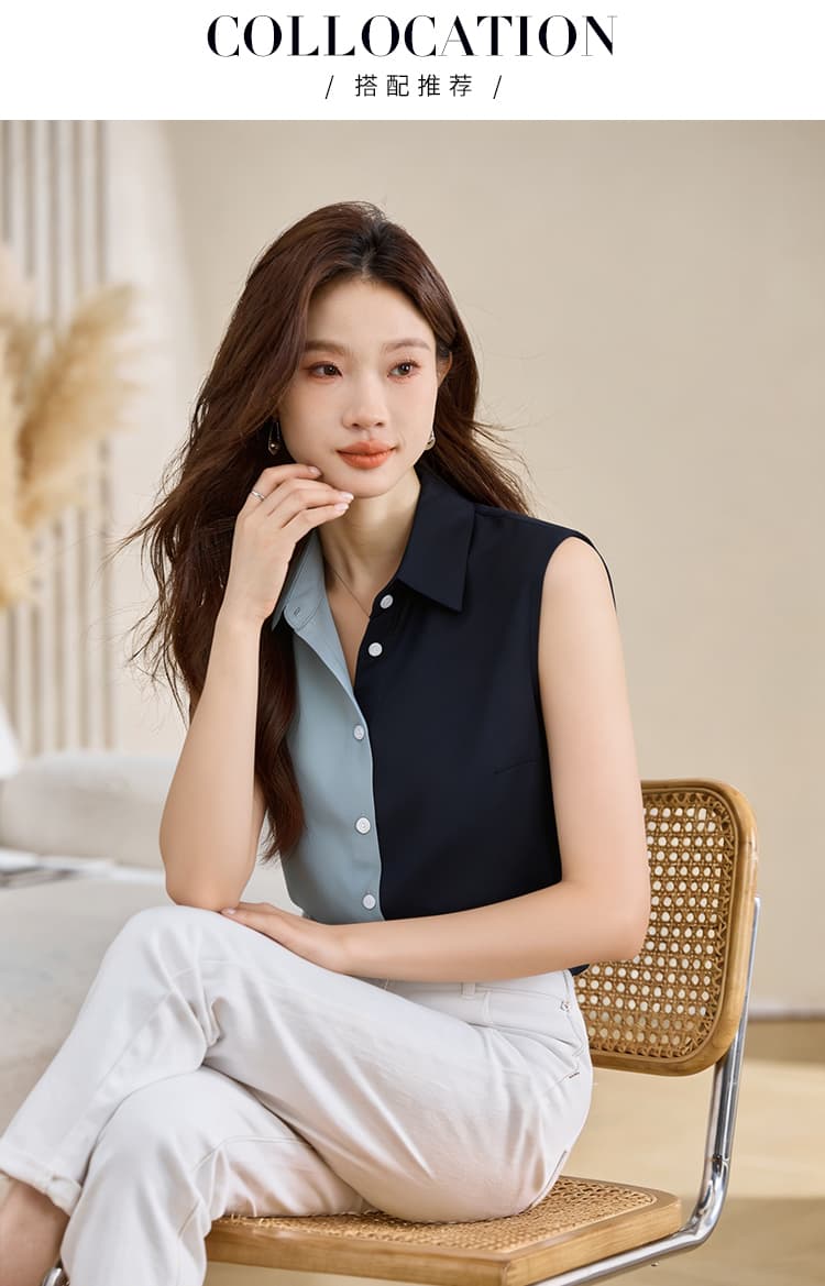 실사 외국 가스 패치워크 여름 어깨 조끼 여성 외출용 셔츠 민소매 쉬폰 인사이드 잡아라. 의류 기본 셔츠 상세 이미지 16