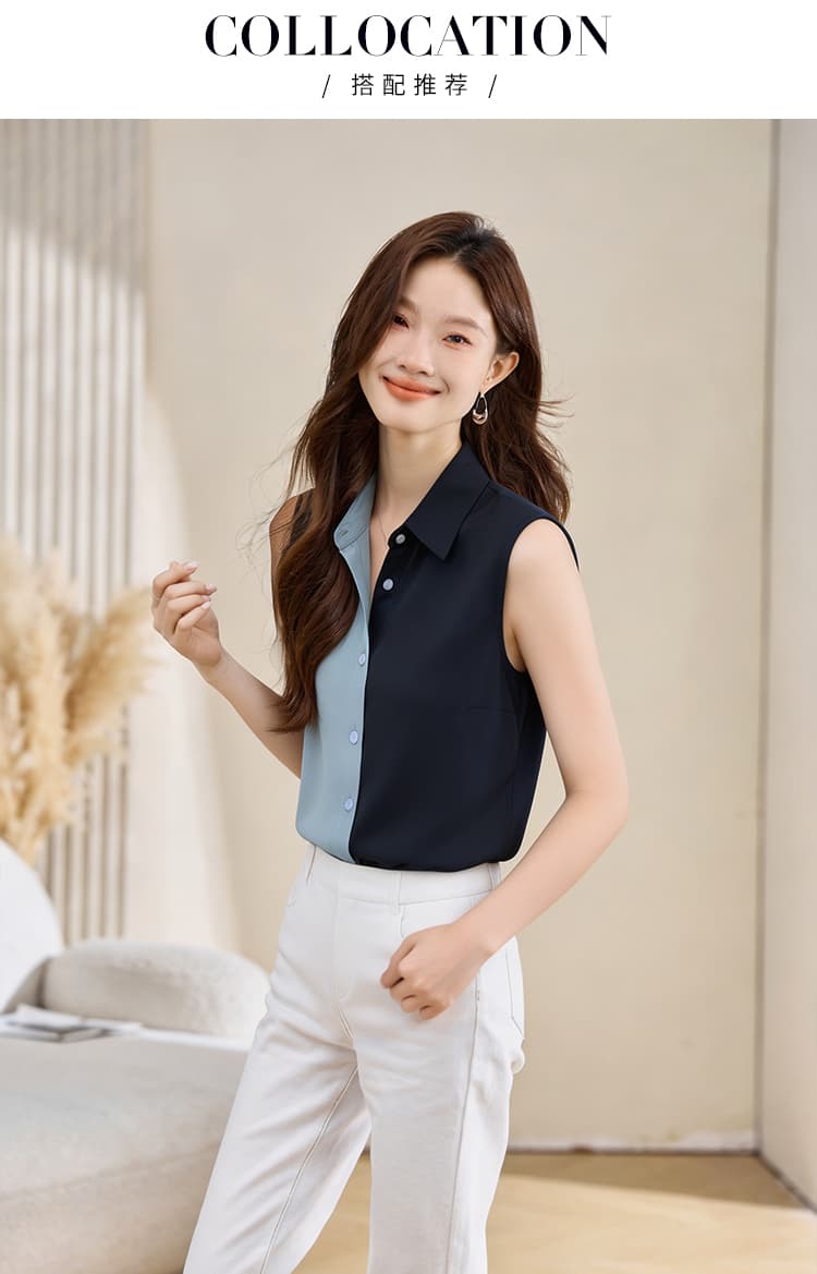실사 외국 가스 패치워크 여름 어깨 조끼 여성 외출용 셔츠 민소매 쉬폰 인사이드 잡아라. 의류 기본 셔츠 상세 이미지 17